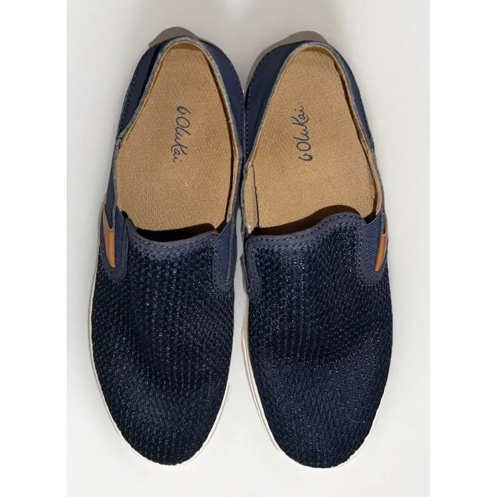 Olukai Pehuea‎ Womens Size 7W Shoes Blue Leather Comfort Slip On Sneakers Casual